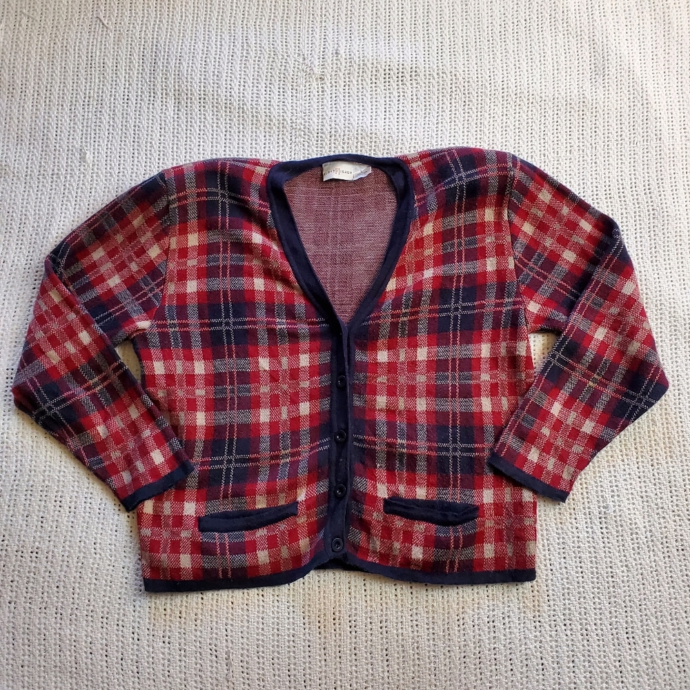 Vtg 90s First Issue Tartan Plaid Knit Cardigan Sweater Womens Size Large
